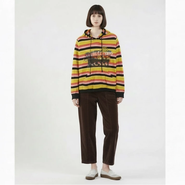 2025新款微胖mm撞色条纹动物印花连帽遮肉显瘦宽松毛衣上衣 3510