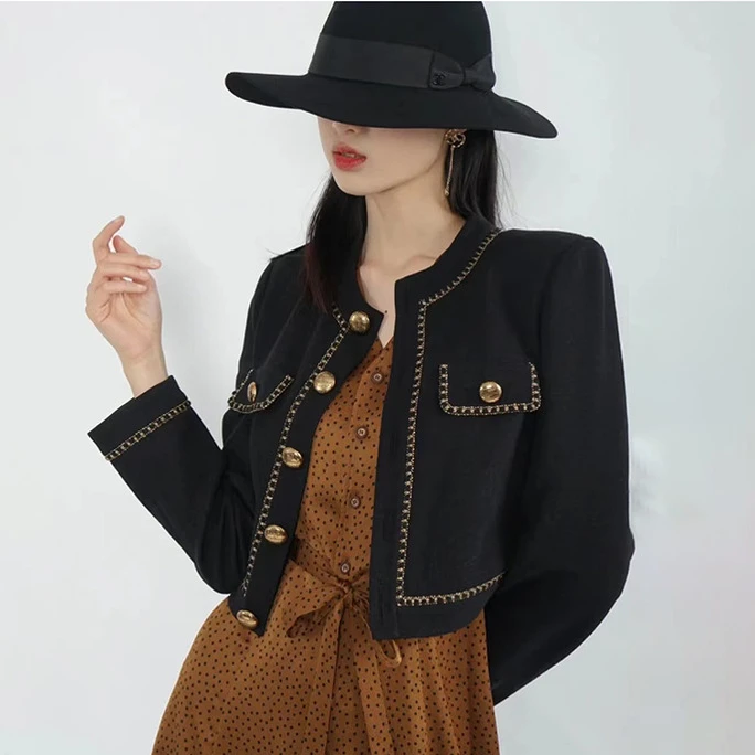 职业阿玛诗官2025春秋季新款时尚气质圆领撞色长袖小香风短外套女