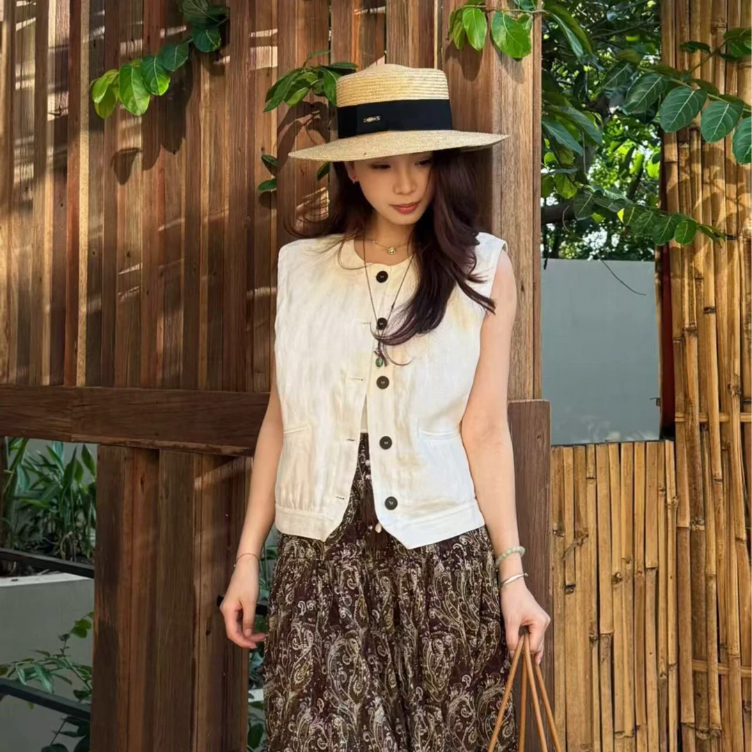 夏季新款慵懒风女装文艺轻奢高级感亚麻无袖马甲时尚气质复古女士