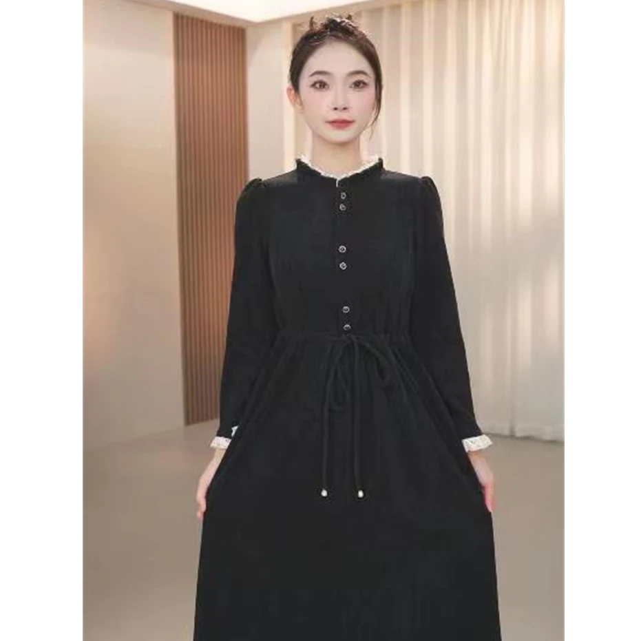 Y1268黑色连衣裙女2025年春秋季新款中年装潮收腰显瘦中长款裙子