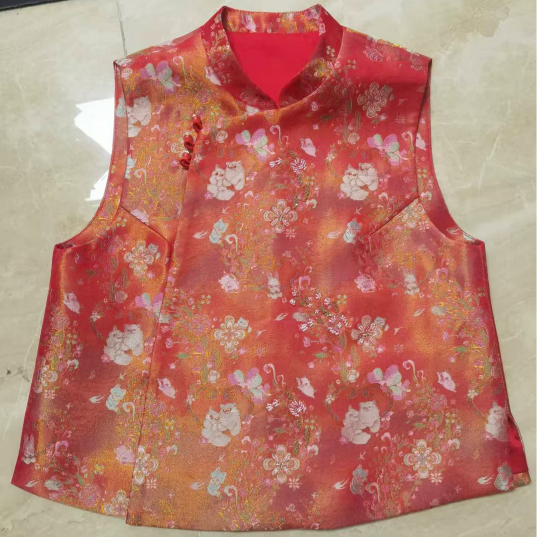 梧桐宝贝《招财猫》原创桑蚕丝织金工艺时尚新中式复古马夹