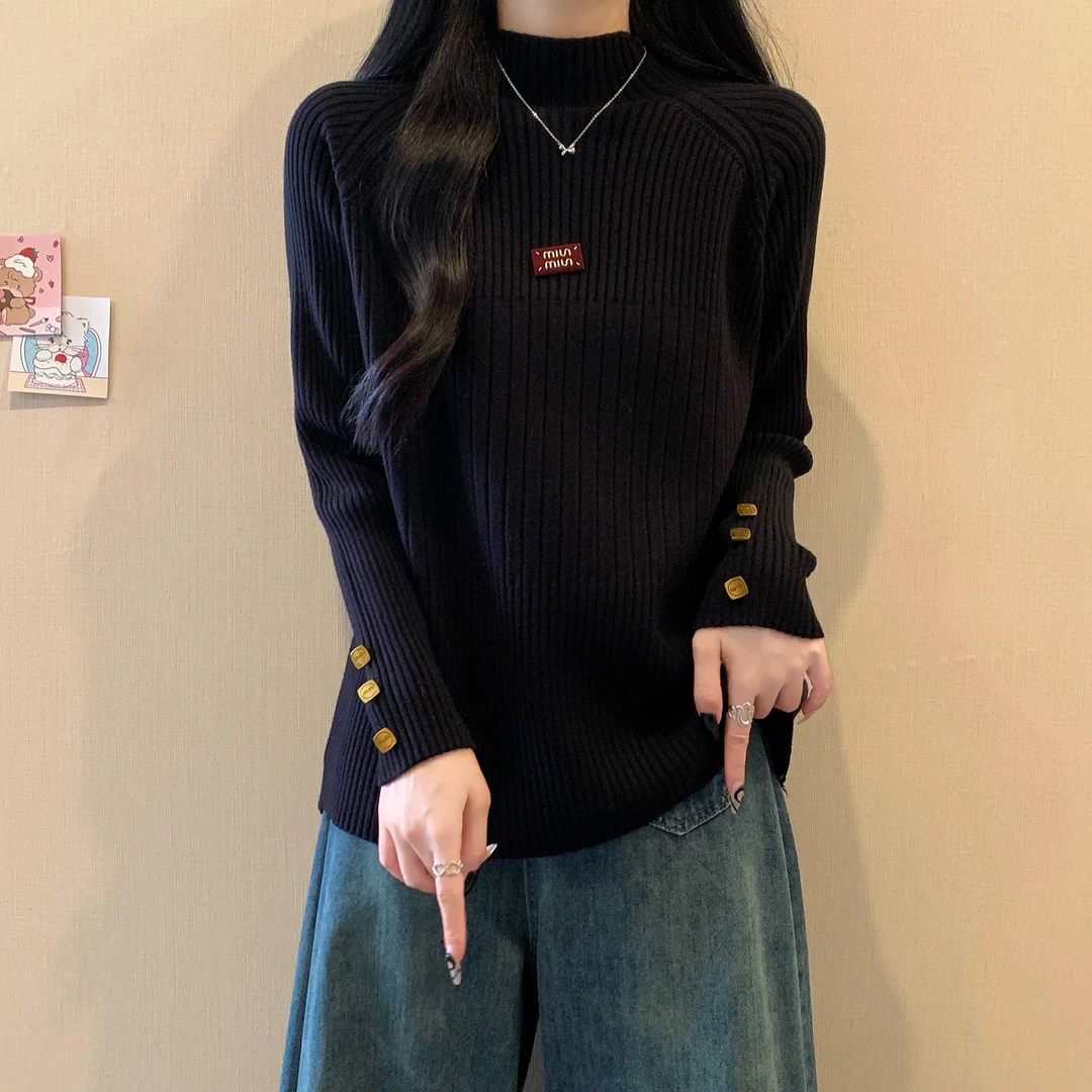 大码遮肚子半高领纽扣针织打底衫女秋冬胖MM宽松显瘦百搭洋气毛衣