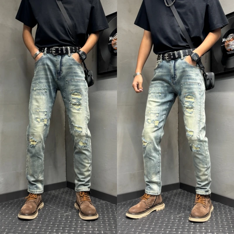 高街薄款扎染破洞牛仔裤男修身潮流潮牌宽松直筒街头嘻哈美式长裤