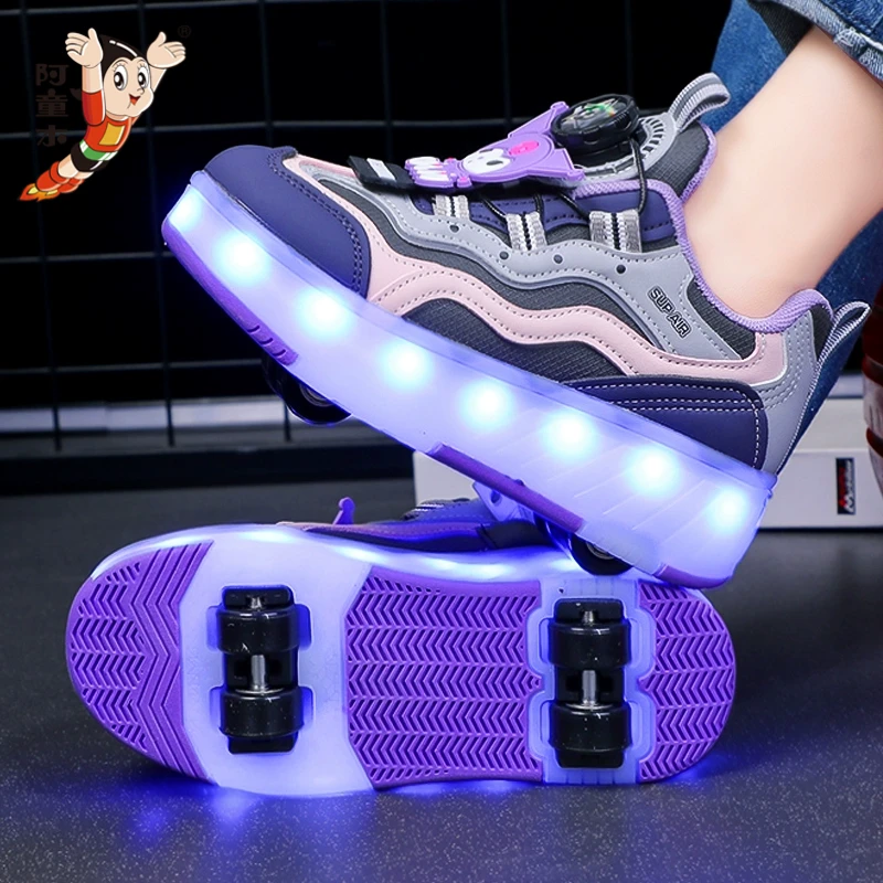 阿童木女童四轮可收暴走鞋2025春季库洛米儿童隐形滑轮鞋亮灯鞋