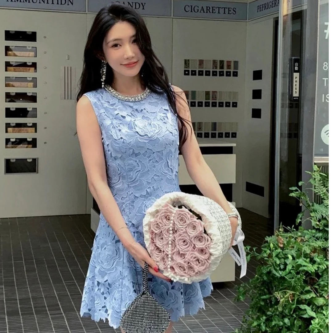 SP原原单单甜紫色镂空手工钻钻圆领修身气质短款小众连衣裙