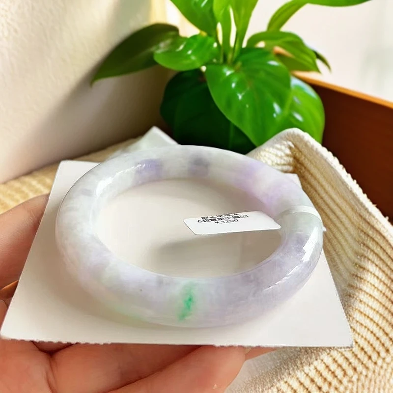 天然A货老坑缅甸翡翠手镯53胖圆条11.3*11.4紫罗兰飘阳绿