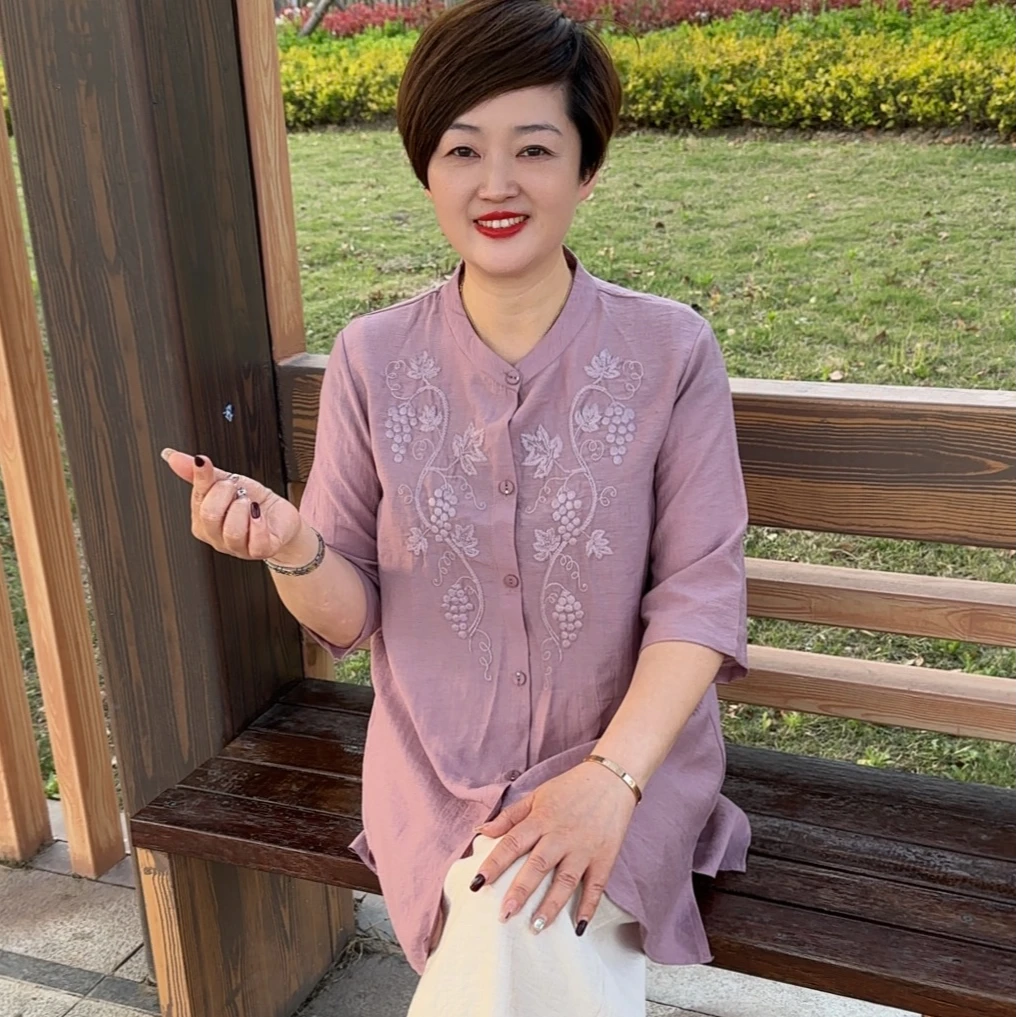 9023女装妈妈装中袖洋气气质夏季复古国风薄款宽松中式紫色提花