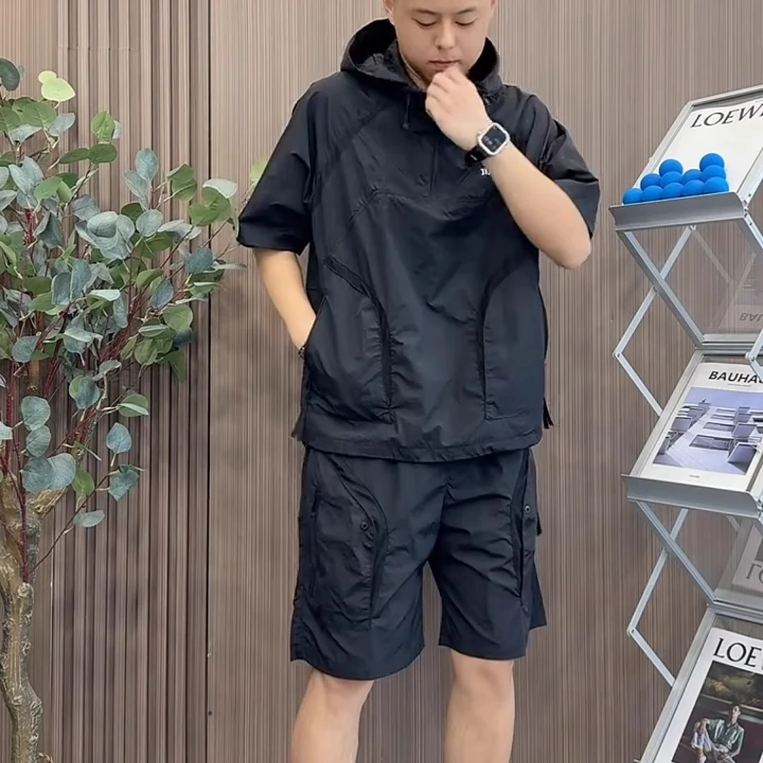 夏季男士新款速干连帽黑色两件套薄款时尚宽松短裤潮流百搭套装