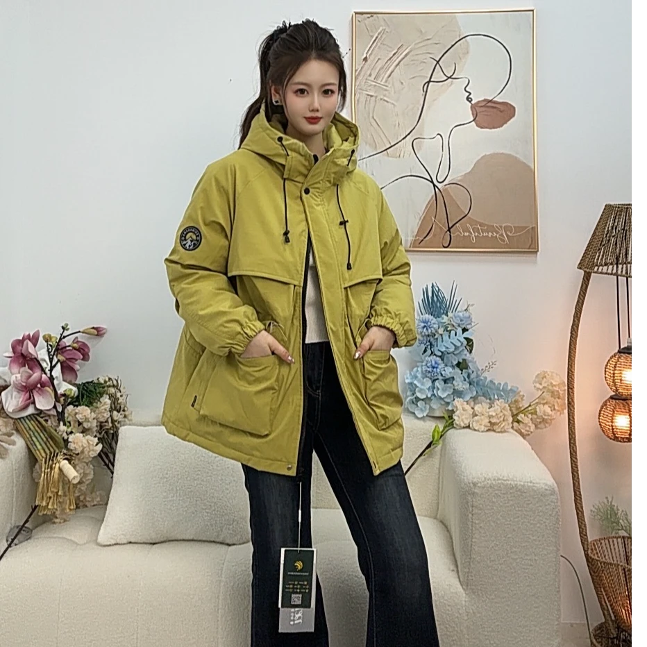 Y144区25911黄色冬季连帽保暖百搭纯色户棉服外套