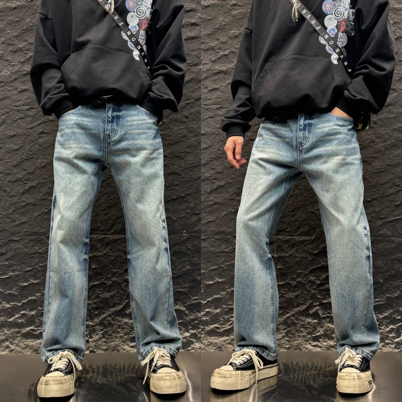时尚直筒秋冬百搭新款复古水洗做旧中腰男秋日男士水洗做旧直筒