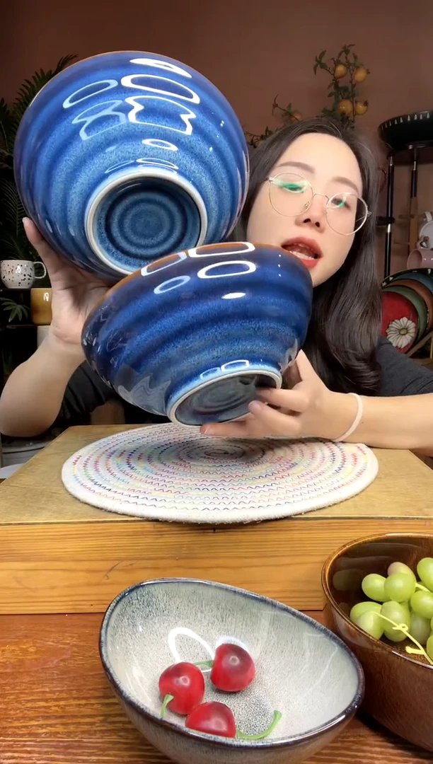 陶瓷8英寸蓝色螺纹斗笠碗 2件装
