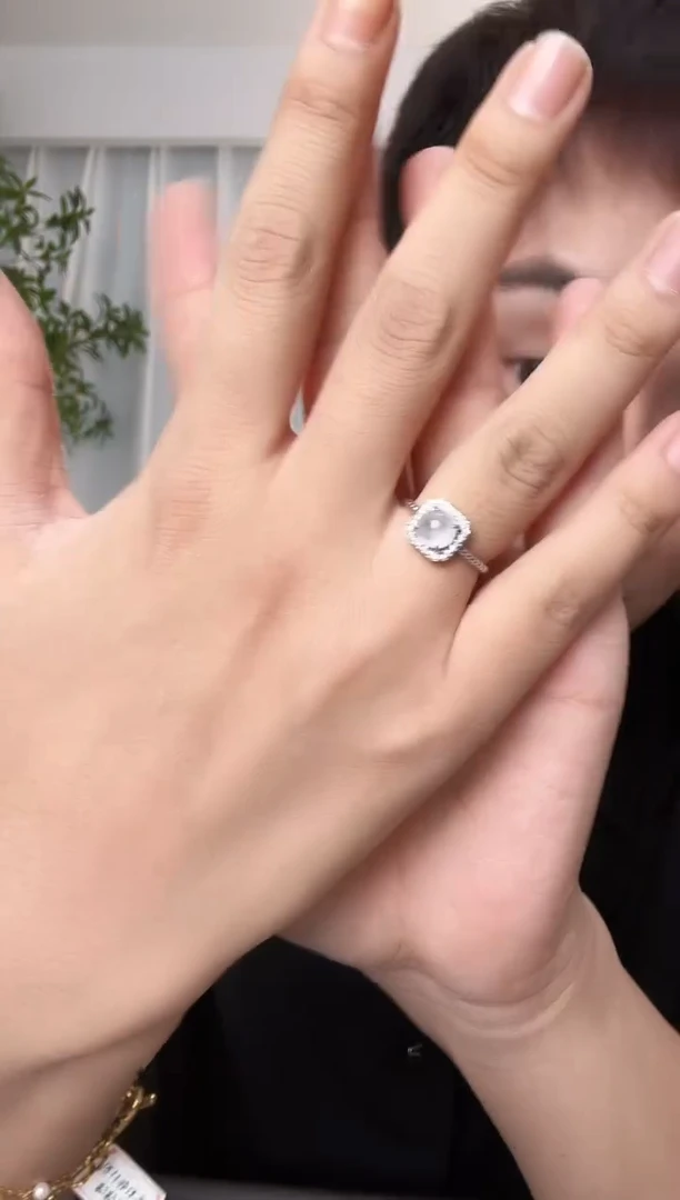 银S925镶嵌戒指翡翠白玻璃翡翠戒指