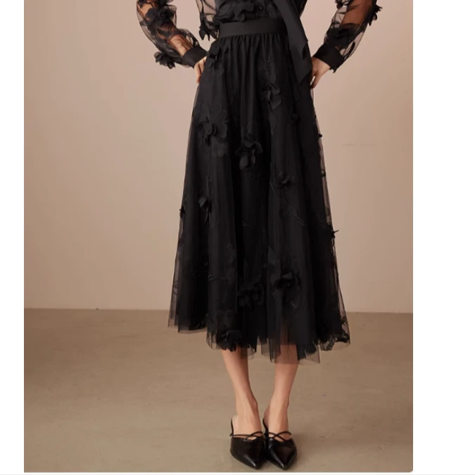 夏新款气质百搭中长A字裙黑色高腰波点半身裙6111691