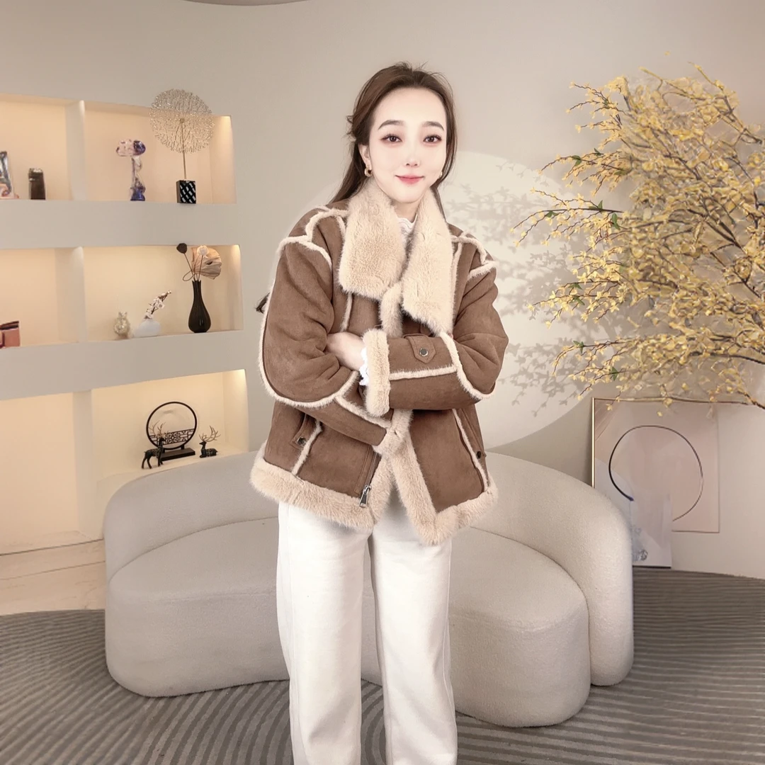 冬季新款时尚宽松皮毛一体羊驼绒加厚保暖机车外套女99131