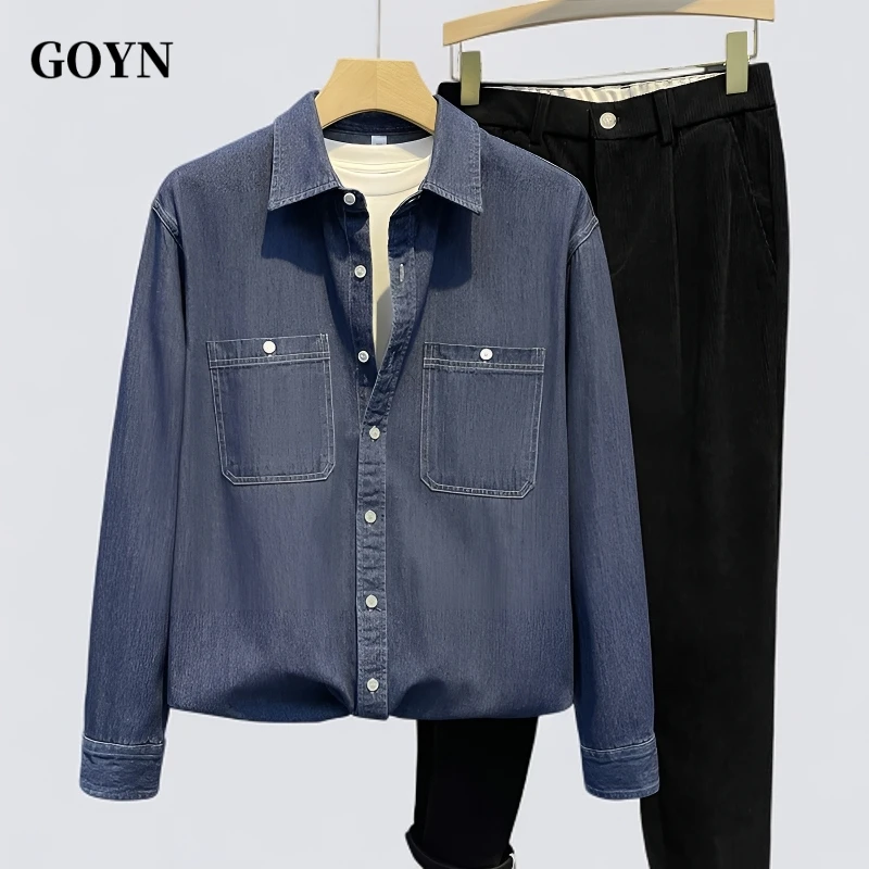 GOYN秋季潮牌纯色男士轻奢百搭长袖时尚男装牛仔休闲翻领衬衫外套