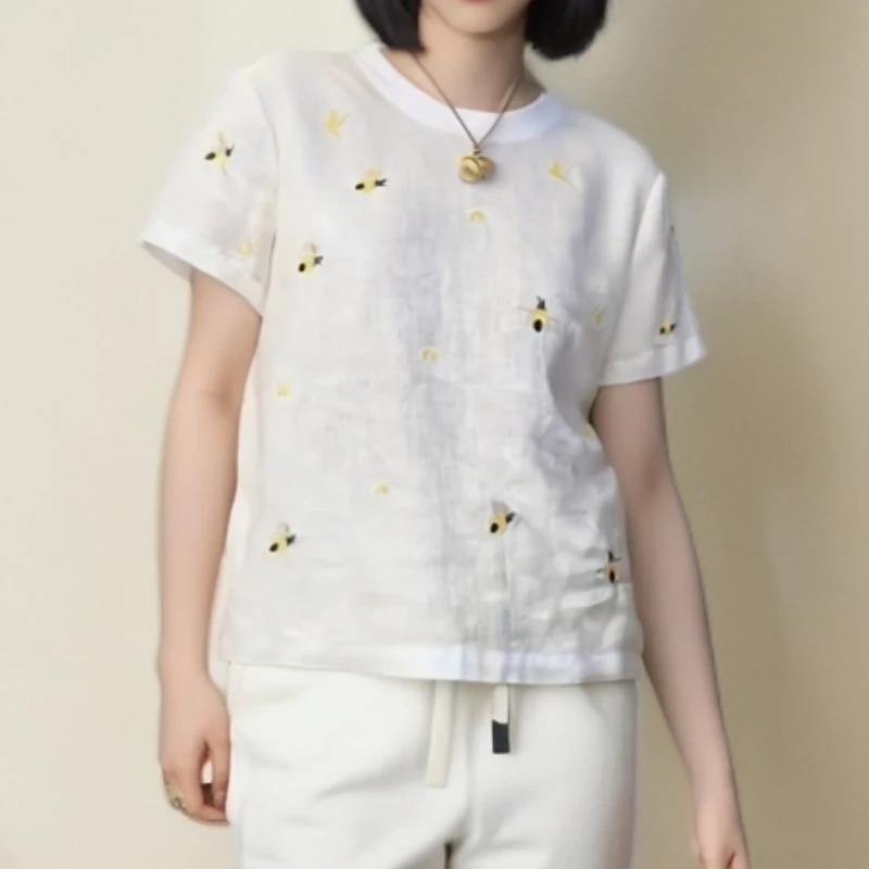 2025春夏刺绣小蜜蜂圆领T恤显瘦时尚短袖LK2503943