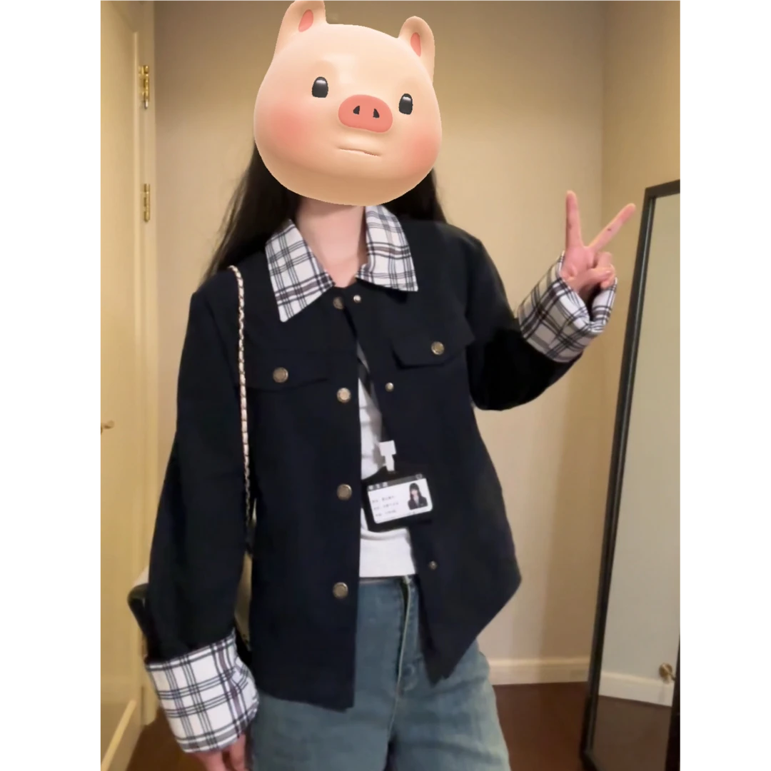 独特漂亮的初秋外套女2025新款春秋休闲翻领格纹拼接夹克潮秋季