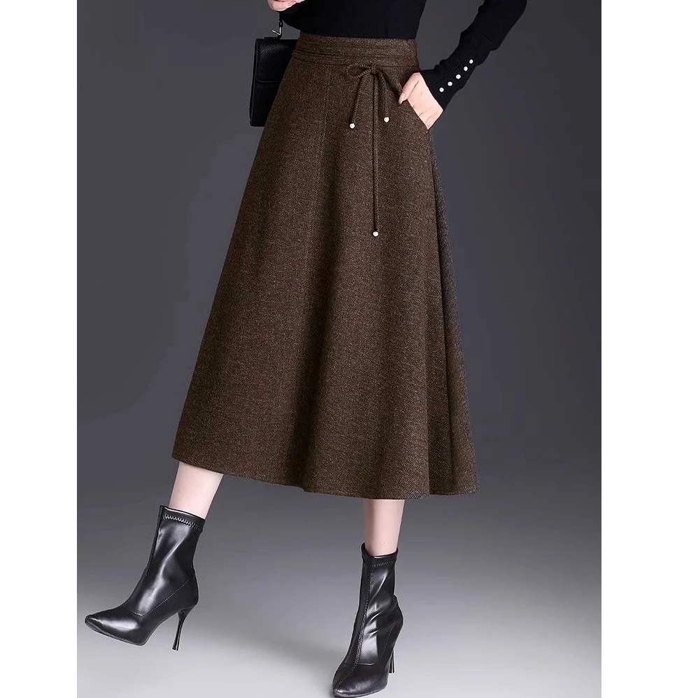 新中式半身裙春秋新款垂感大摆裙中长款高腰显瘦百褶呢子a字裙