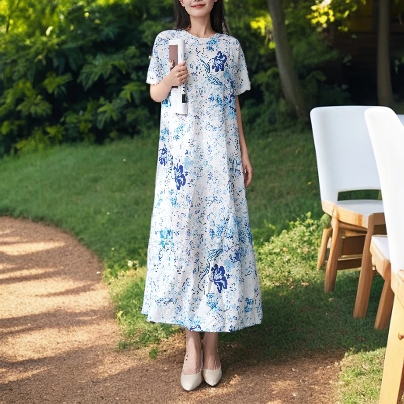 法式扎染白坯连衣裙女夏季新款文艺碎花宽松显瘦褶皱小众女装