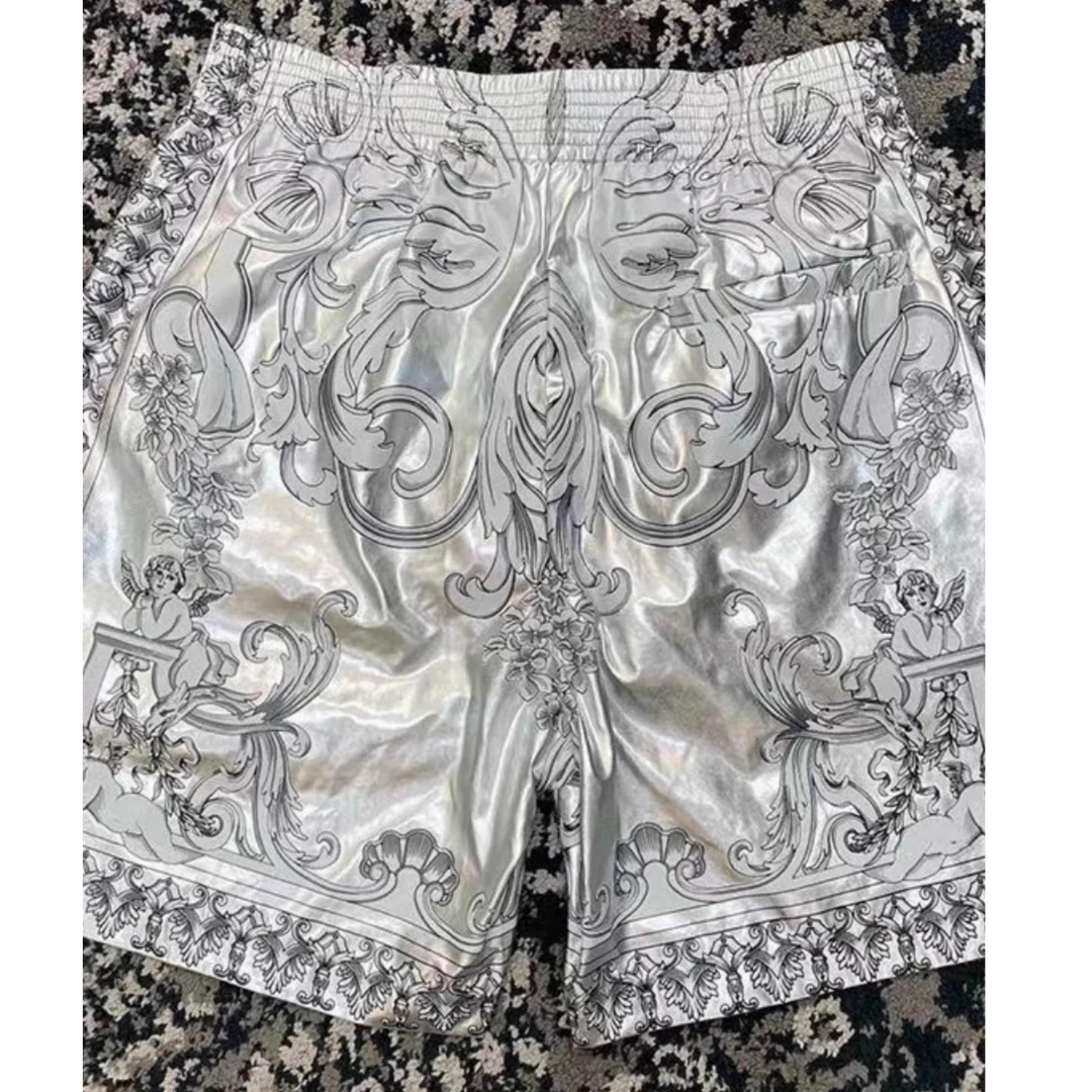 大码300斤夏季新款巴洛克印花银色短裤男男款夏男款绿色宽松西裤