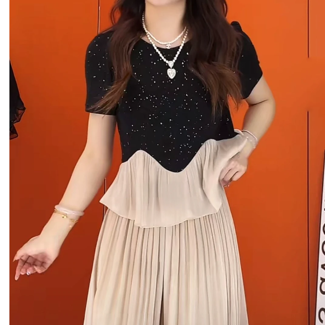 2025夏季高级感新款时尚洋气衣服拼接减龄高级感女亮晶晶短袖上衣