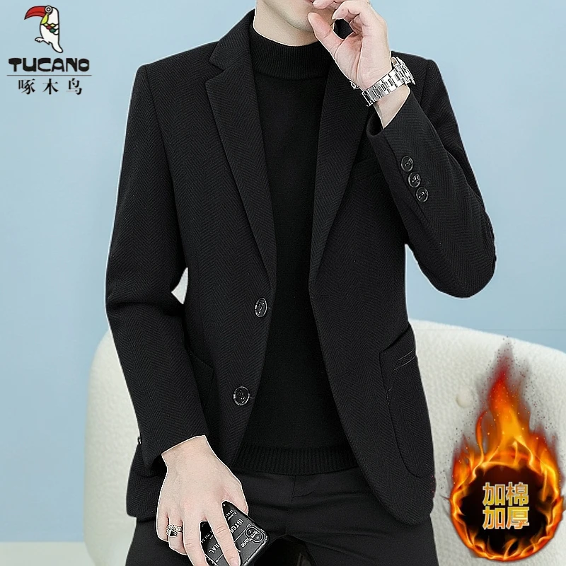 啄木鸟加厚加棉毛呢休闲西服男士韩版保暖高级款宽松百搭西装外套