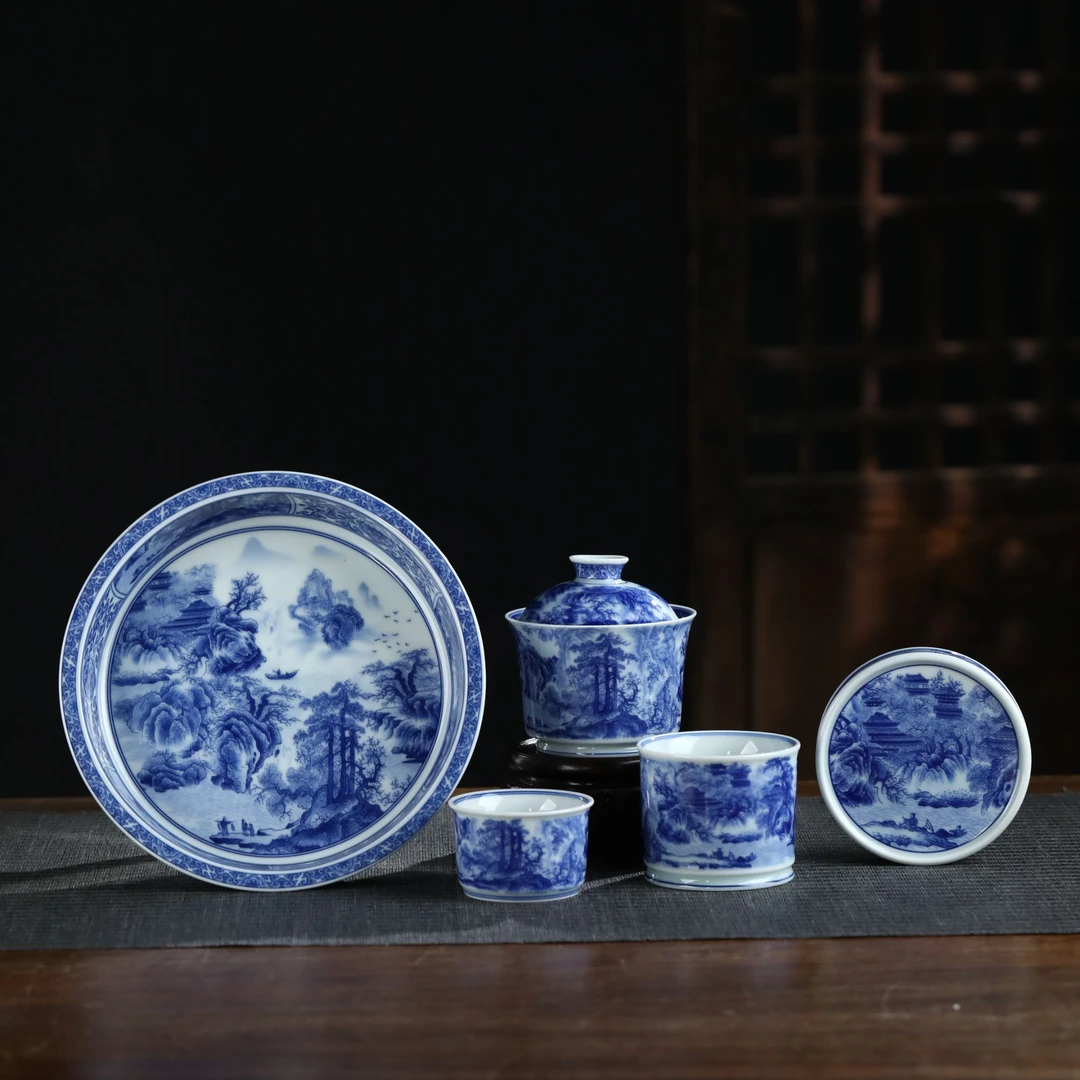 景德镇陶瓷 重工青花山水春山图釉下彩高温手工盖碗茶杯茶具套组