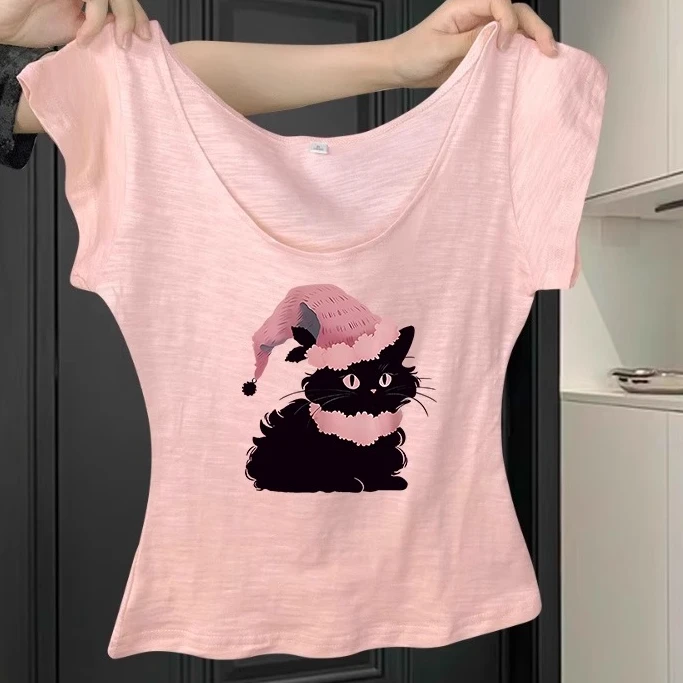 多巴胺穿搭显白U领修身t恤女夏季纯欲辣妹超好看竹节棉微透短上衣