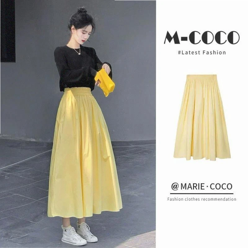 法式春夏裙子黄色半身裙女夏季高腰垂感风小众松紧腰遮肚裙