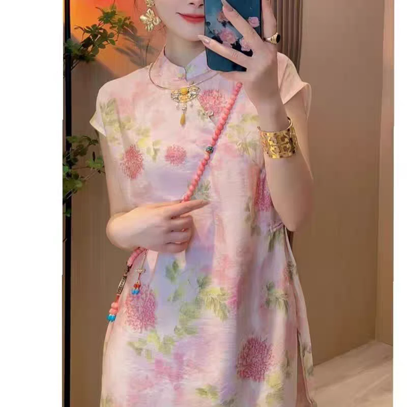 051立领常规气质碎花印花双层复古春夏薄款新中式旗袍