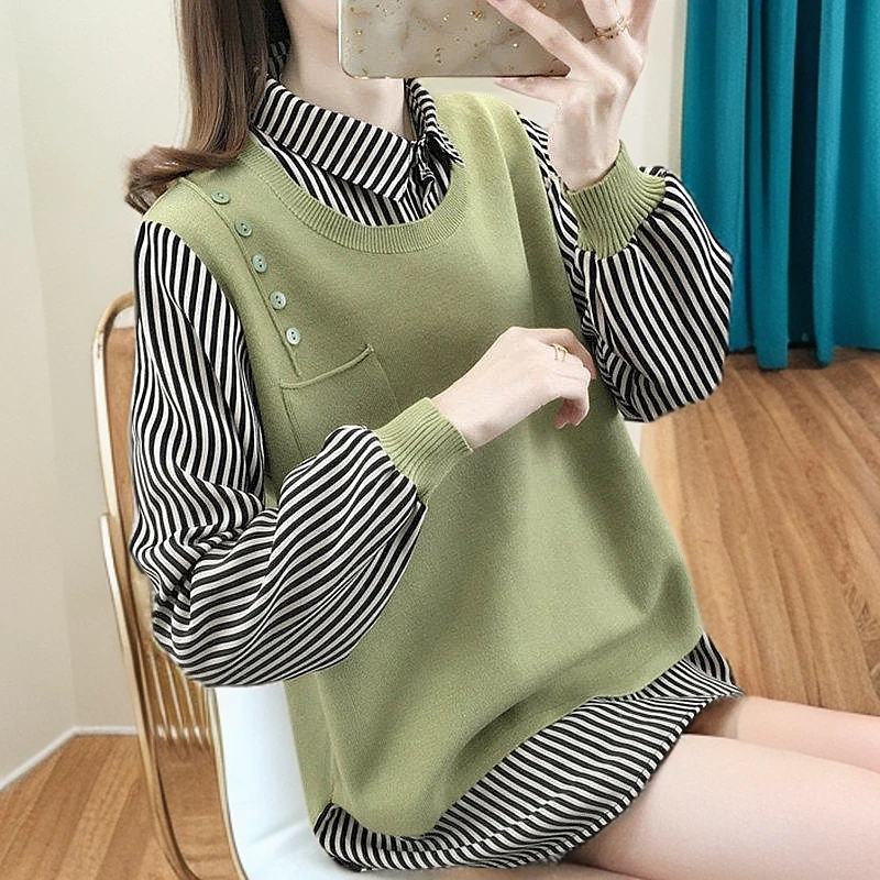 假两件女上衣时尚衬衫领春秋装2025年新款宽松韩版洋气外穿针织衫