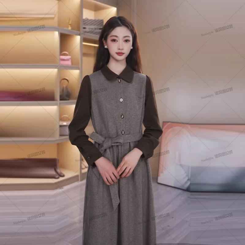 nuobeiyin/诺贝因冬季收腰显瘦洋气拼接气质翻领连衣裙NNBY660997