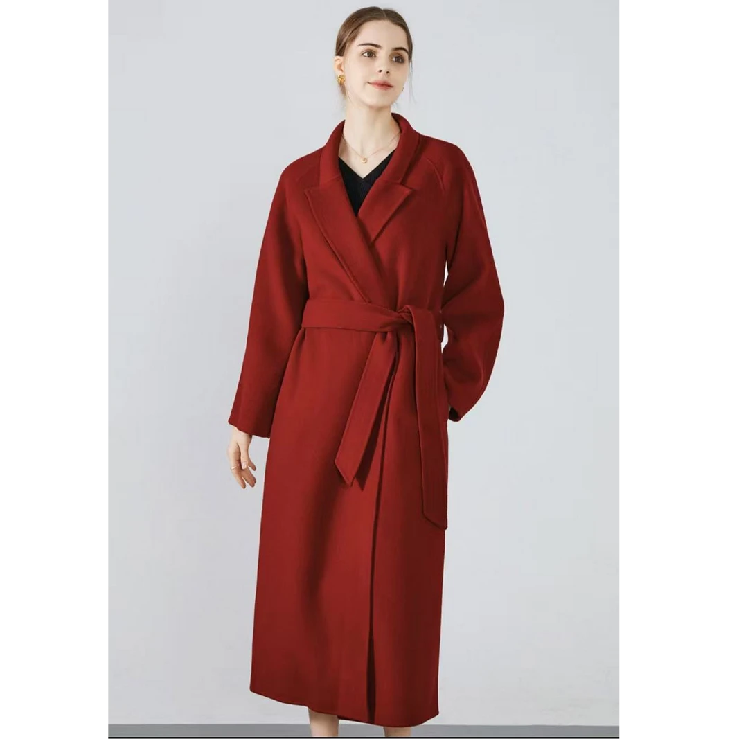 秋冬水波纹羊毛羊绒大衣毛呢外套宽松中长款红色休闲毛呢