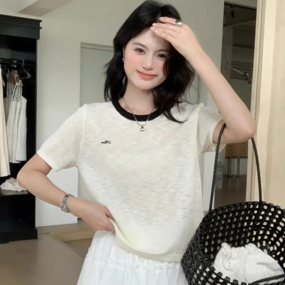 【草莓自营】撞色领亚麻赖人圆领短袖T