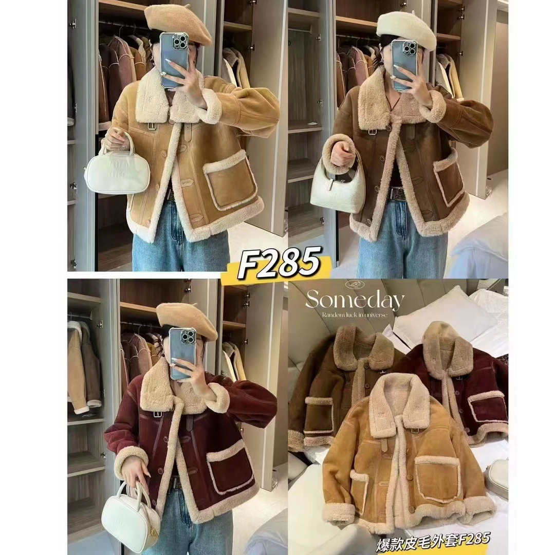 翻领时尚加厚机车服毛毛一体外套