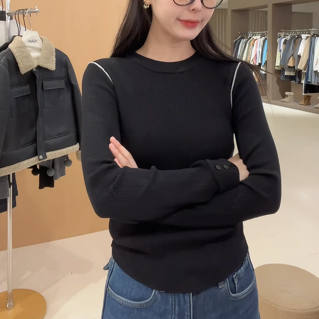 【恰到好处】新款简约百搭休闲长袖针织打底显瘦撞色上衣LK2508513