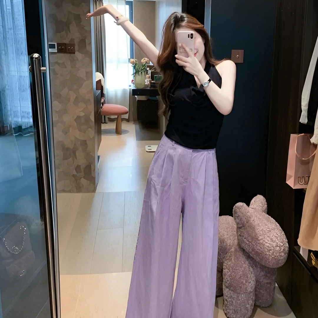 夏季慵懒风洋气炸街女韩版上衣设计感气质阔腿裤休闲两件套装