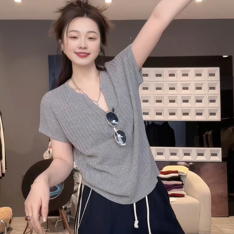 坑条显瘦百搭坎肩莱赛尔亚麻短袖针织衫鸽子灰v领25春夏新款