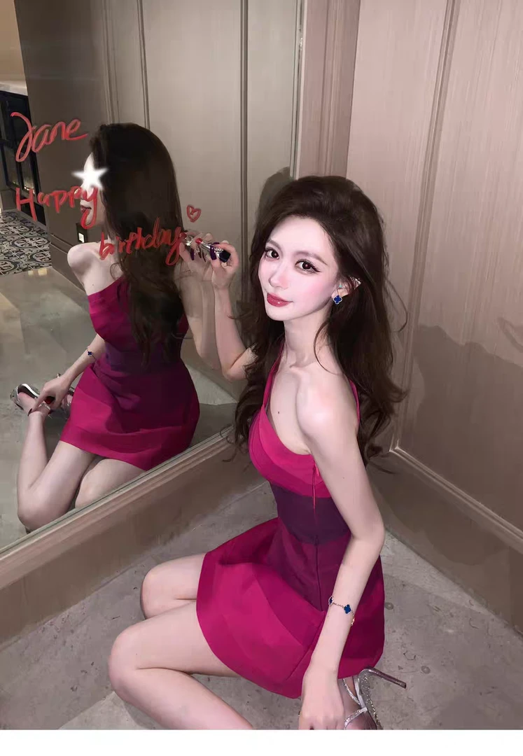 红色斜肩抹胸连衣裙女2025夏季新款高级感名媛气质显瘦宴会晚礼服