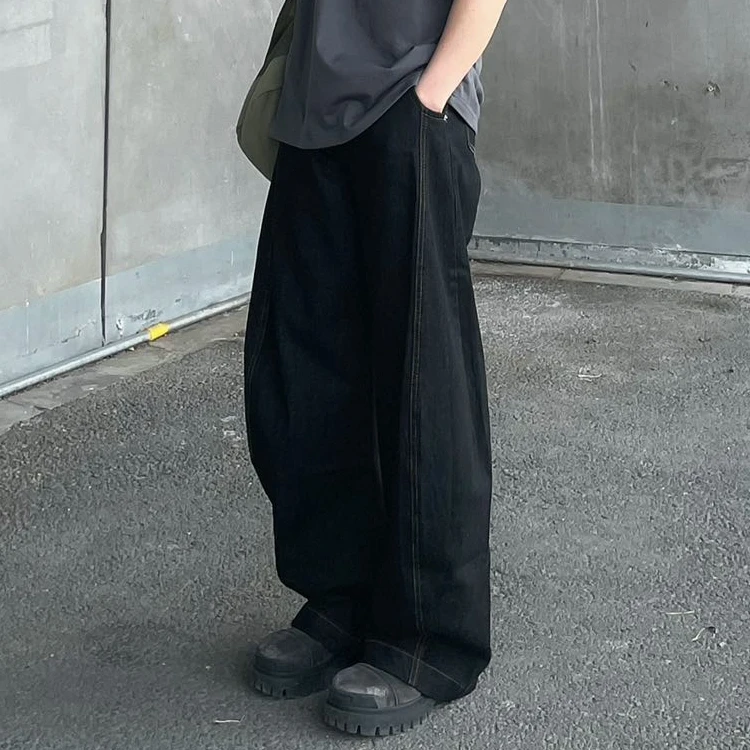 RIGOCOKN美式高街复古廓形黑色弯刀水洗牛仔裤阔腿宽松休闲裤子男