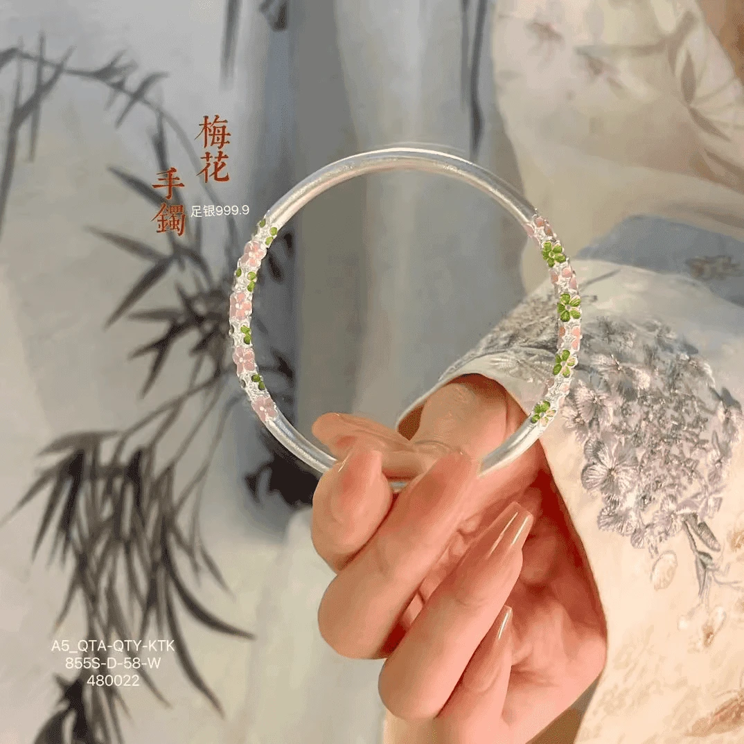 足银手镯 纯银手镯女描金珐琅彩梅花实心999银镯子送礼物时尚百搭