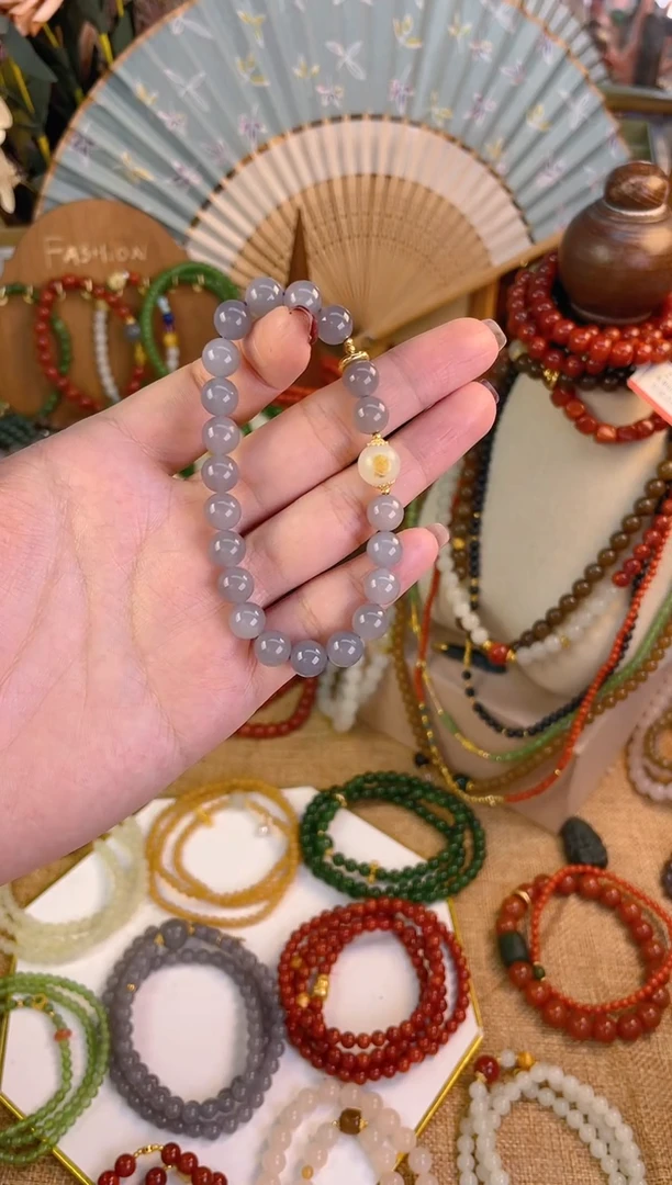 【闪购商品】和田玉手串18K金镶嵌烟紫