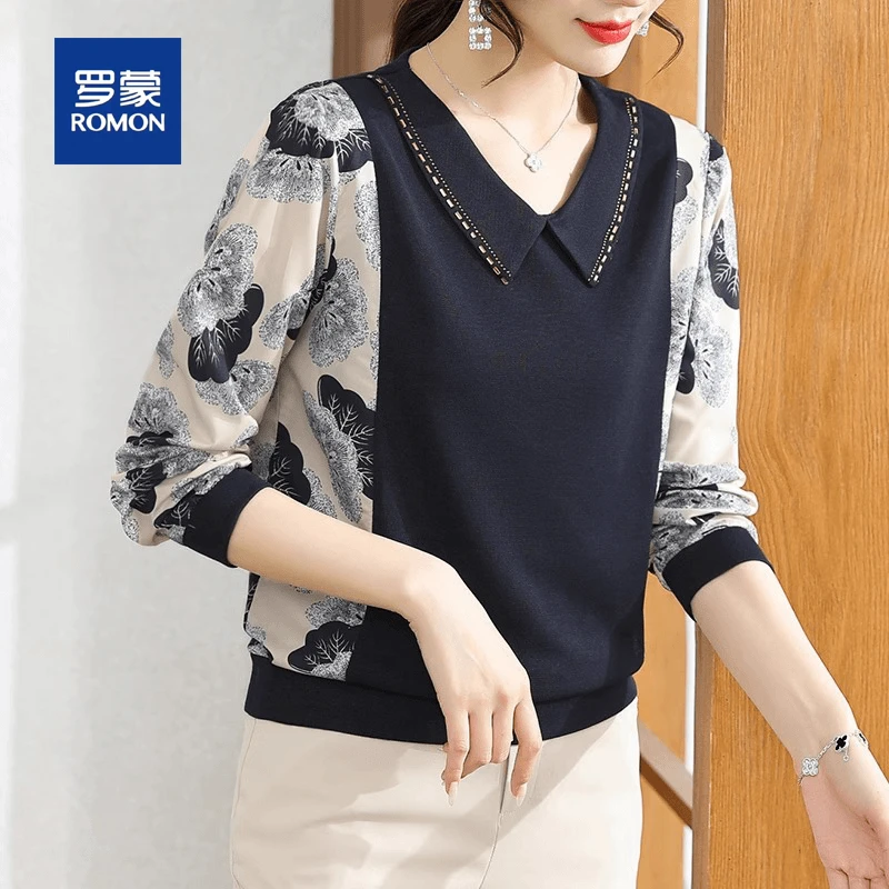 罗蒙妈妈秋装新款小衫洋气时尚中老年人T恤40岁50春秋雪纺套装