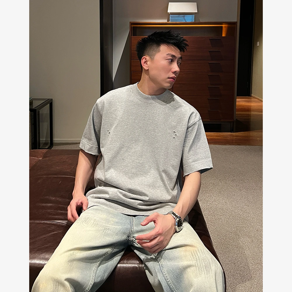 YIHAO STUDIO夏季新款男士纯棉休闲T恤时尚磨破百搭宽松纯色短袖