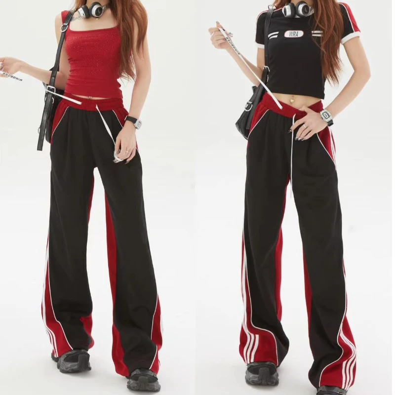 婉君【波尔多红】夏季新款百搭潮流黑红拼接休闲裤LWJ24A1K575