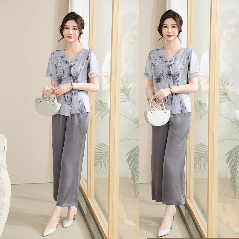 妈妈装夏季新款洋气短袖俩件套40-50岁中老年人女装潮妈气质套装