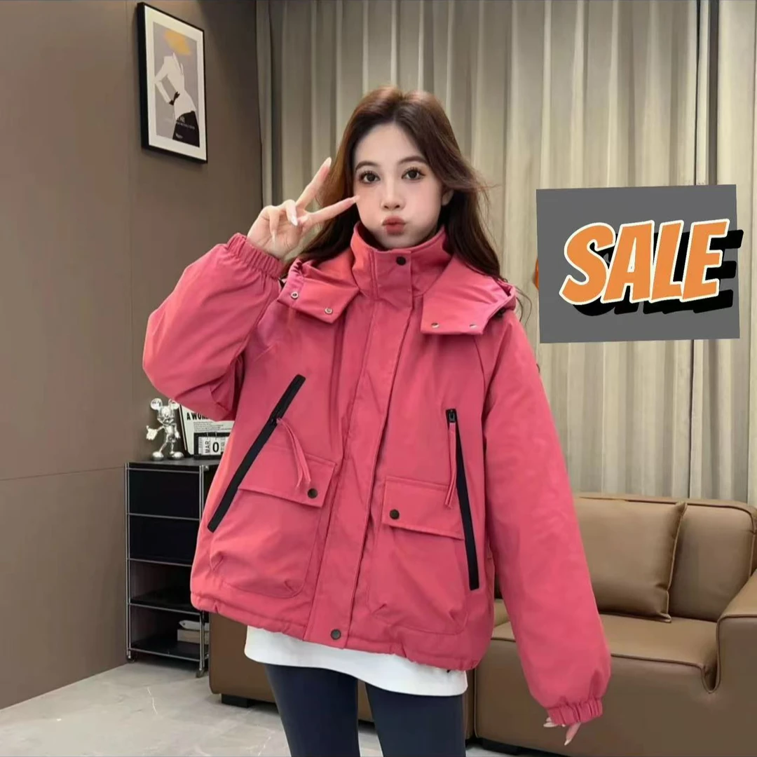2025新款冬季女装加绒加棉外套大口袋冲锋衣外套女短款小个子上衣