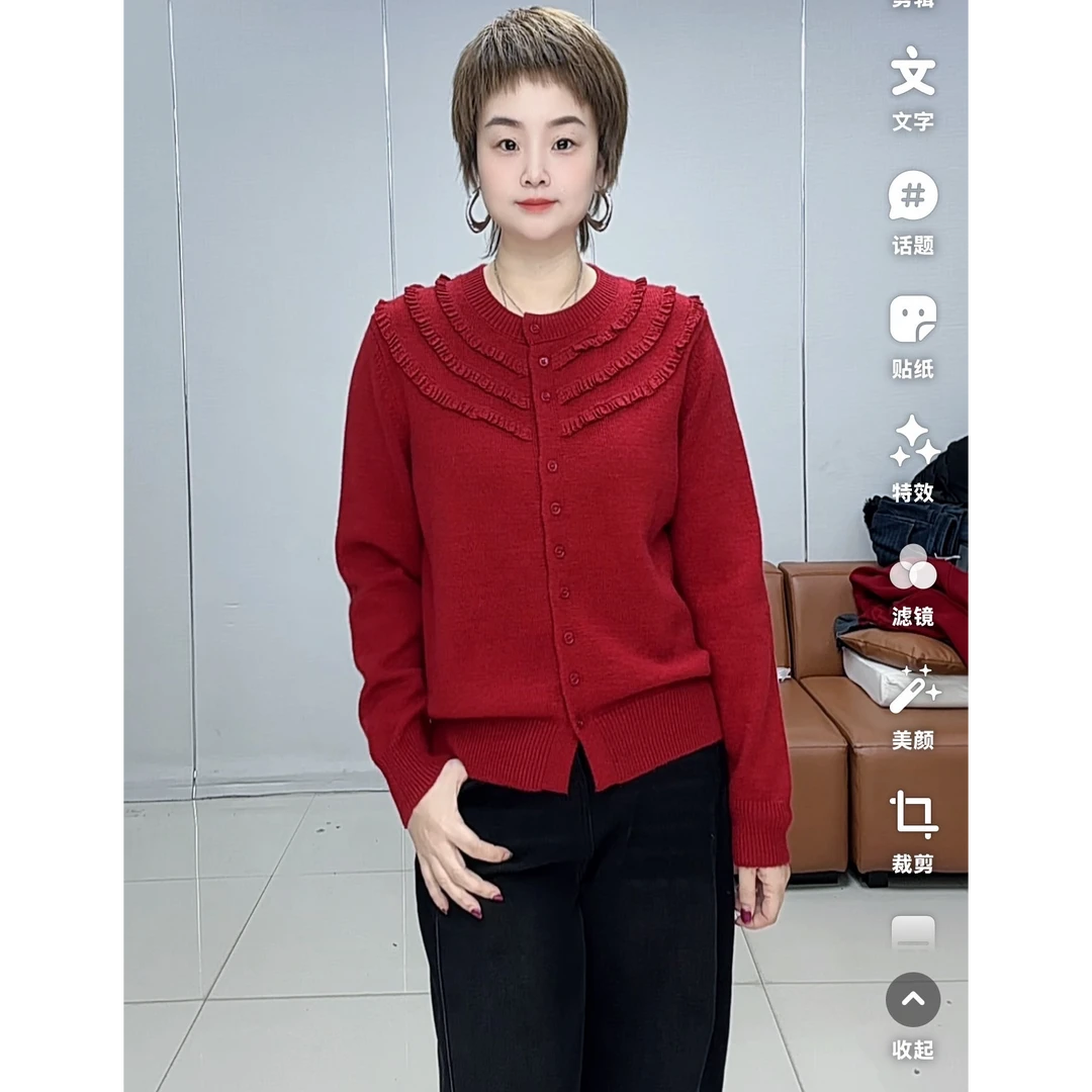 小施家白马高端气质高工拼接蕾丝花边清秀针织开衫6978