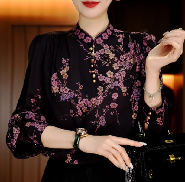 卓曼 新高端印花女显瘦显白百搭减龄气质时尚套头上衣V24Q1085