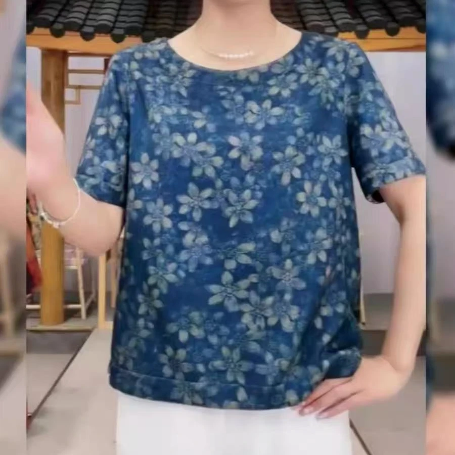 612【水仙花】短袖T恤女士洋气双面穿印花妈妈装圆领短袖